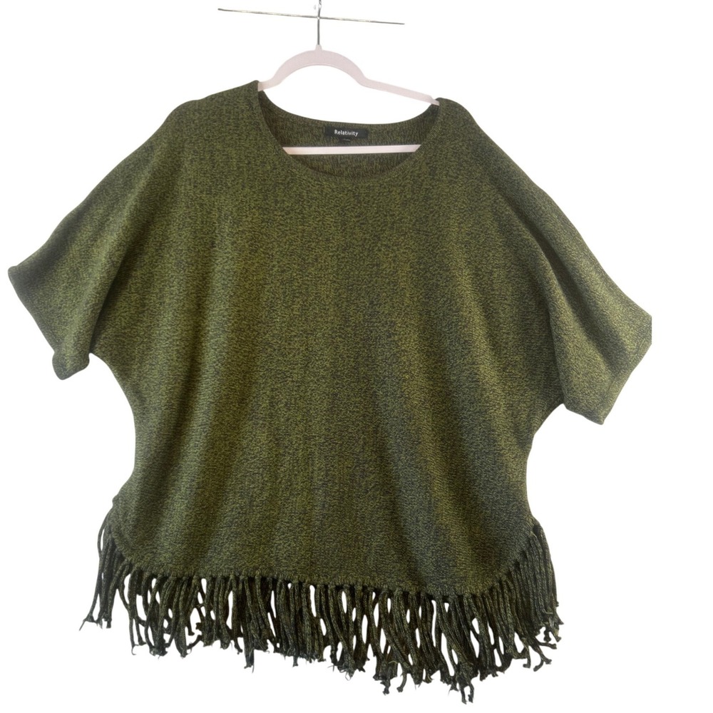 Relativity Womens Large Olive Green Marled Knit Fringe Hem Poncho Sweater L‎